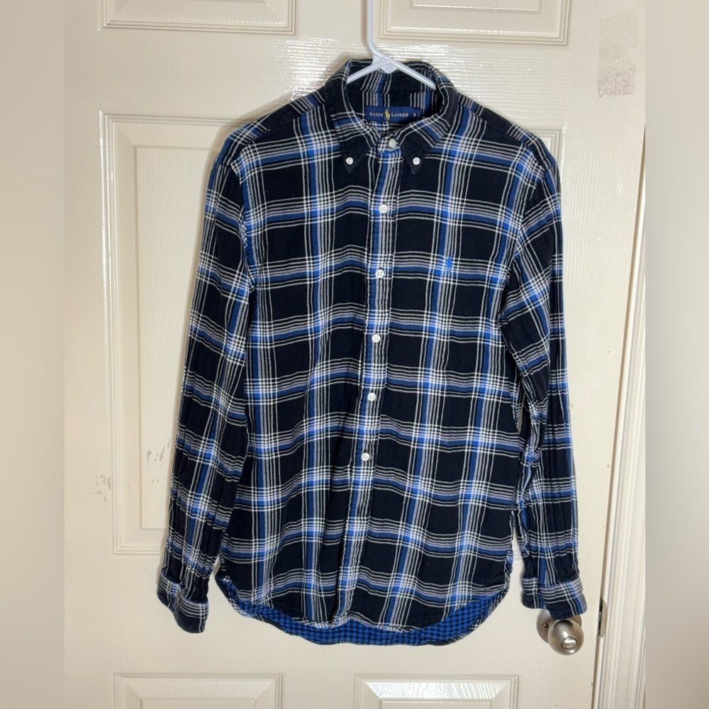 RALPH LAUREN Mens M DOUBLE FACED PLAID SPORT SHIRT Blue Black COTTON​​ - Picture 11 of 11
